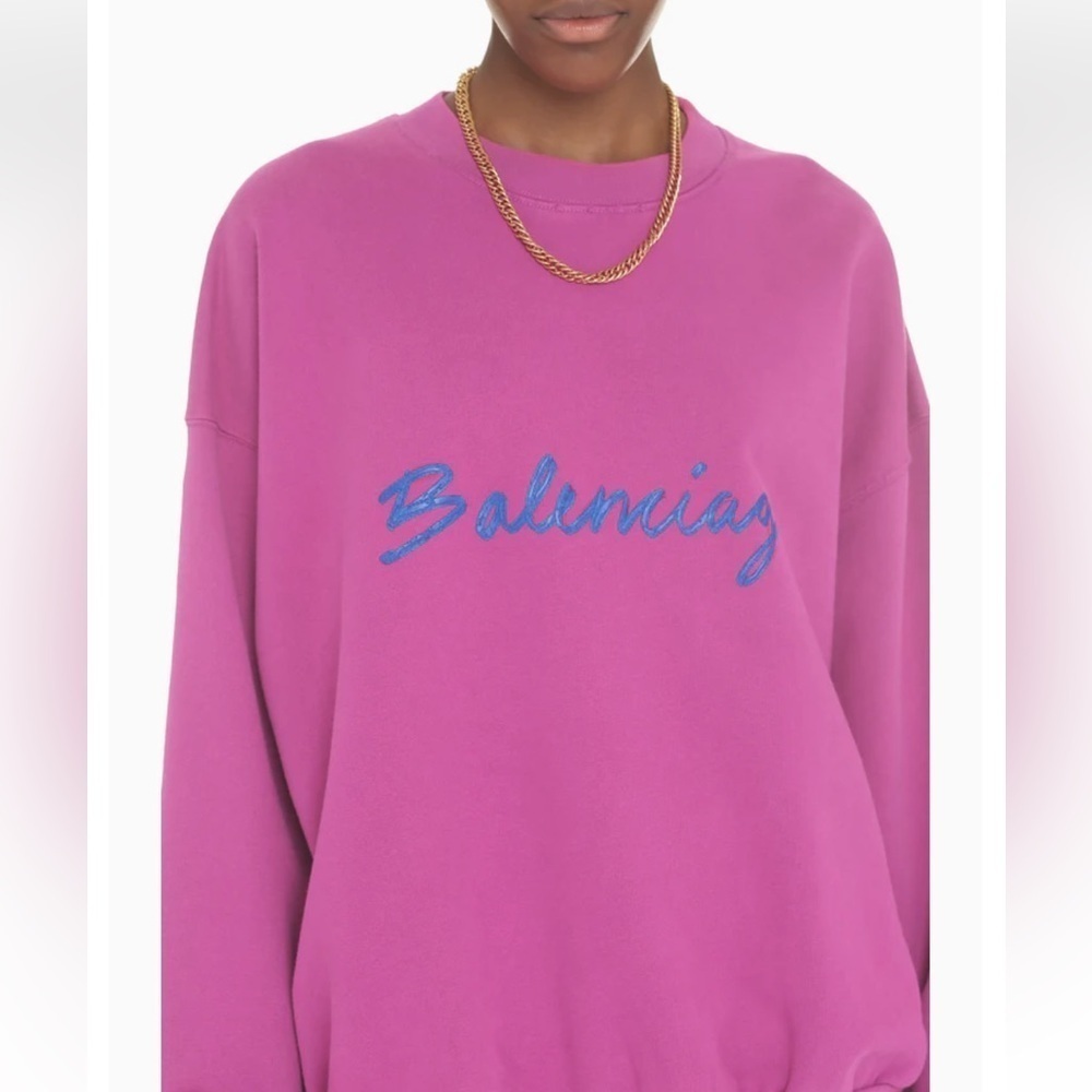 Balenciaga Ladies Dark Fuchsia Brushstroke Logo Print Sweatshirt - Picture 2 of 16